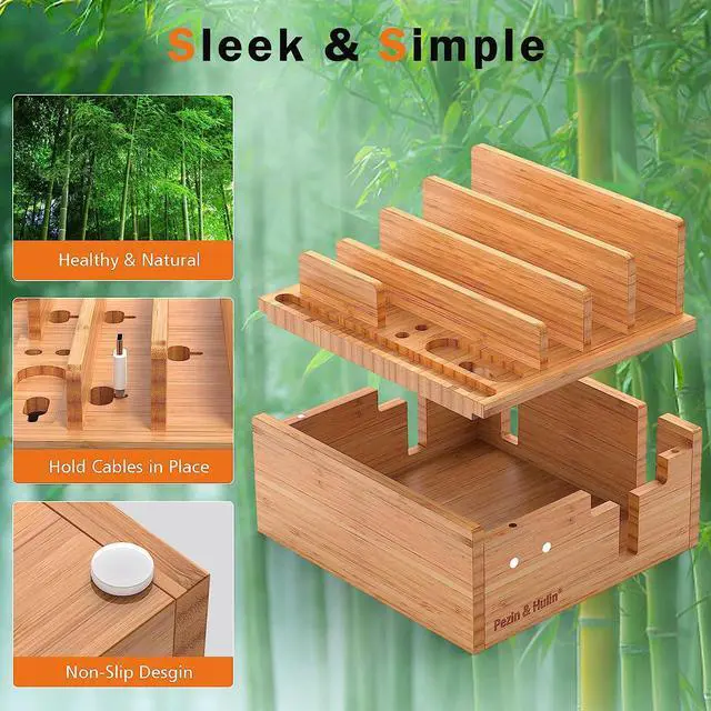 Alt view image 4 of 7 - Phone Docking Station for Multiple Devices, with Charger HUB Adapter, Electronic Organizer Stand Box- for Cell Phones, Tablets, Watches, with 5 Cables, Bamboo