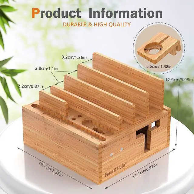 Alt view image 5 of 7 - Phone Docking Station for Multiple Devices, with Charger HUB Adapter, Electronic Organizer Stand Box- for Cell Phones, Tablets, Watches, with 5 Cables, Bamboo