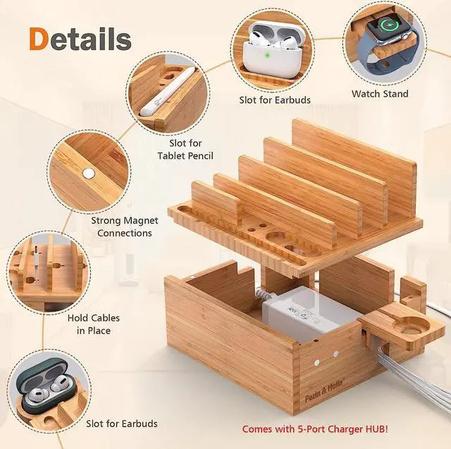 Alt view image 2 of 7 - Phone Docking Station for Multiple Devices, with Charger HUB Adapter, Electronic Organizer Stand Box- for Cell Phones, Tablets, Watches, with 5 Cables, Bamboo