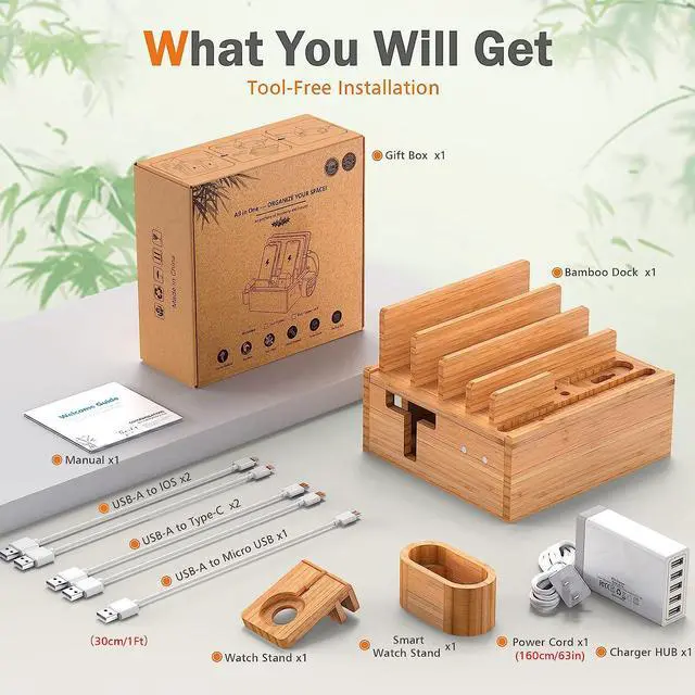 Alt view image 6 of 7 - Phone Docking Station for Multiple Devices, with Charger HUB Adapter, Electronic Organizer Stand Box- for Cell Phones, Tablets, Watches, with 5 Cables, Bamboo