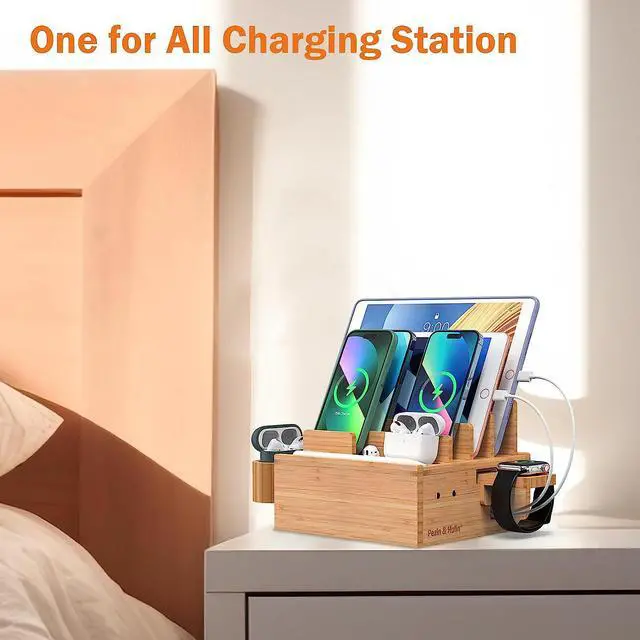 Alt view image 7 of 7 - Phone Docking Station for Multiple Devices, with Charger HUB Adapter, Electronic Organizer Stand Box- for Cell Phones, Tablets, Watches, with 5 Cables, Bamboo