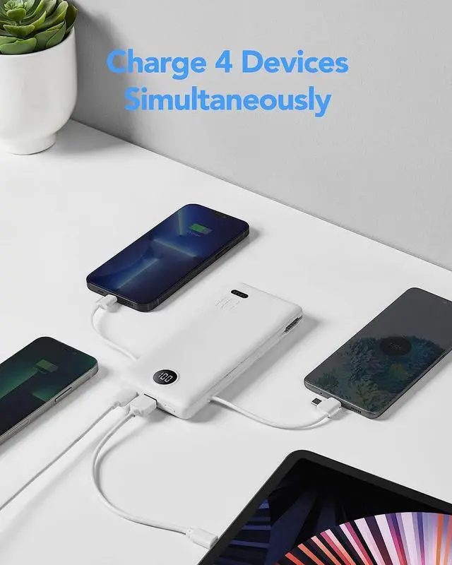 Alt view image 3 of 7 - VRURC 10000mAh Portable Charger with Built-in Cables and AC Wall Plug Ultra Slim Power Bank USB C Phone Charger 5 Output 2 Input External battery pack LED Display Compatible with All mobilephone-White