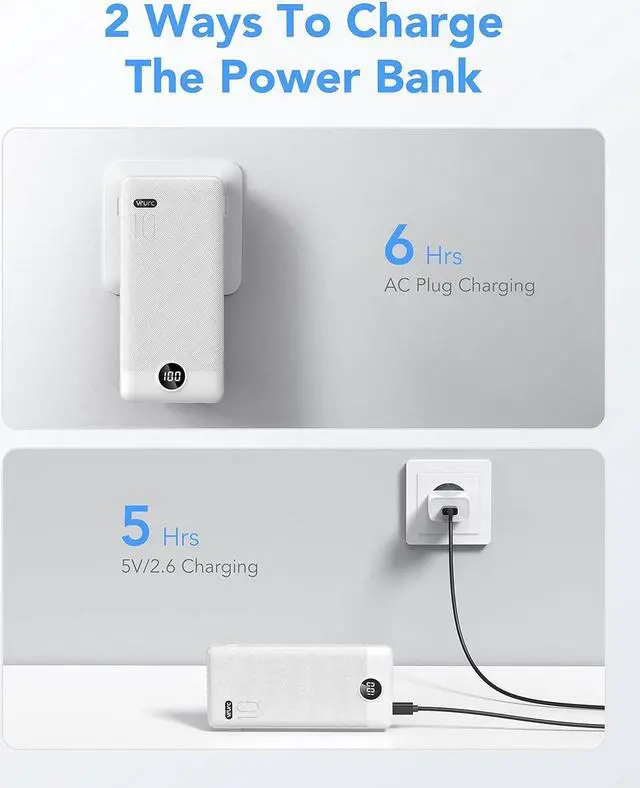 Alt view image 5 of 7 - VRURC 10000mAh Portable Charger with Built-in Cables and AC Wall Plug Ultra Slim Power Bank USB C Phone Charger 5 Output 2 Input External battery pack LED Display Compatible with All mobilephone-White