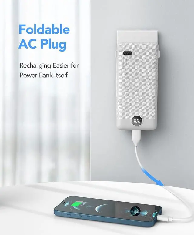 Alt view image 4 of 7 - VRURC 10000mAh Portable Charger with Built-in Cables and AC Wall Plug Ultra Slim Power Bank USB C Phone Charger 5 Output 2 Input External battery pack LED Display Compatible with All mobilephone-White