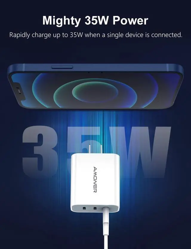 Alt view image 2 of 7 - USB C Charger, Amoner 35W iPhone Charger, 3-Port Type C Wall Charger with PD 3.0 Power Delivery Adapter for iPhone 16/16 Pro/15/14/13/12/11/SE/XS, Galaxy, Pixel 4/3 and More