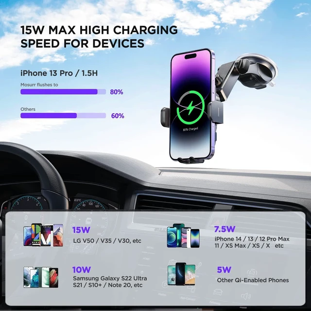 Alt view image 3 of 7 - Wireless Car Charger,7 Colored LED Backlit Mosurr 15W Auto Clamping Phone Holder Car Mount Charger for iPhone 16 15 14 13 12 Mini Pro Max 11, Samsung Galaxy S24 Ultra S23 S22 S21+ S10+ Note 20, etc