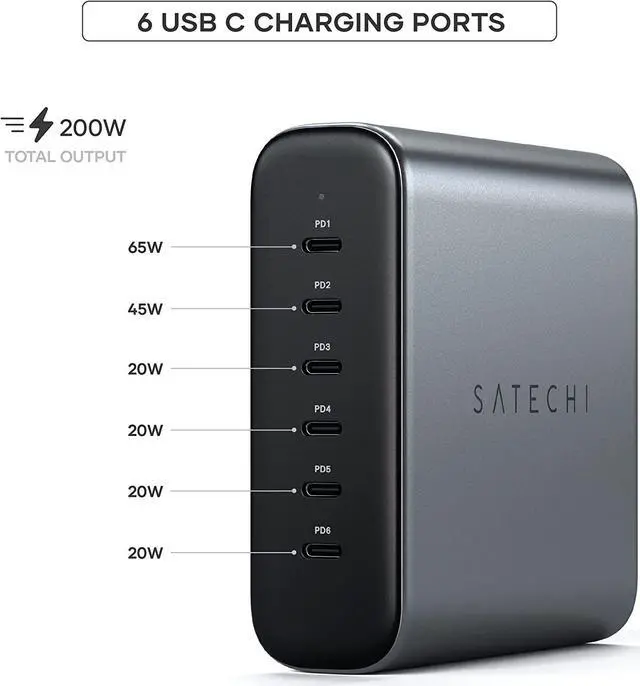 Alt view image 2 of 7 - Satechi 200W 6-Port GaN Charging Station  2X 140W USB C and 4X USB C, Fast Charging Travel Charger for Multiple Devices, Apple and Most Thunderbolt Devices