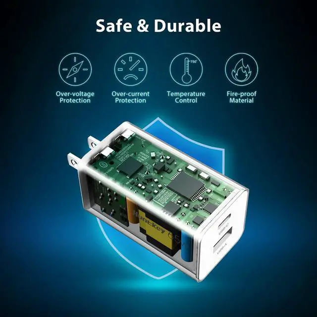 Alt view image 3 of 7 - 65W USB C Charger, Huntkey GaN 2-Port Type C Wall Charger Fast Charging Block PD 3.0 PPS Compatible for MacBook Pro/Air, Laptop,iPad, iPhone 14/13/12, iPad, Galaxy S23/S22,Pixel and More