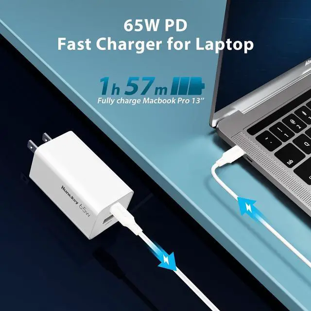Alt view image 4 of 7 - 65W USB C Charger, Huntkey GaN 2-Port Type C Wall Charger Fast Charging Block PD 3.0 PPS Compatible for MacBook Pro/Air, Laptop,iPad, iPhone 14/13/12, iPad, Galaxy S23/S22,Pixel and More