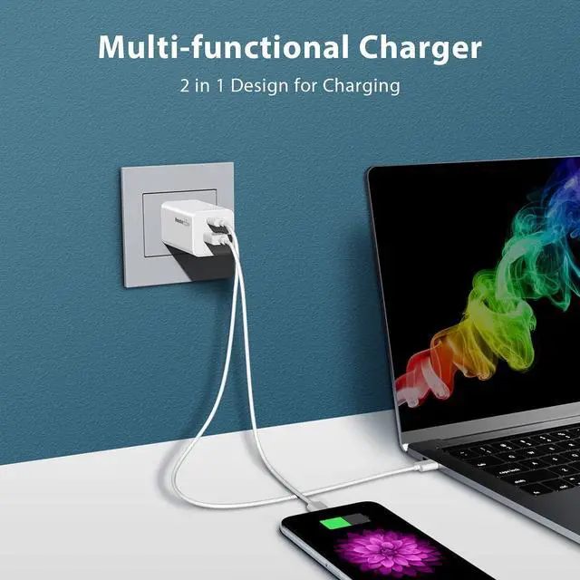 Alt view image 2 of 7 - 65W USB C Charger, Huntkey GaN 2-Port Type C Wall Charger Fast Charging Block PD 3.0 PPS Compatible for MacBook Pro/Air, Laptop,iPad, iPhone 14/13/12, iPad, Galaxy S23/S22,Pixel and More