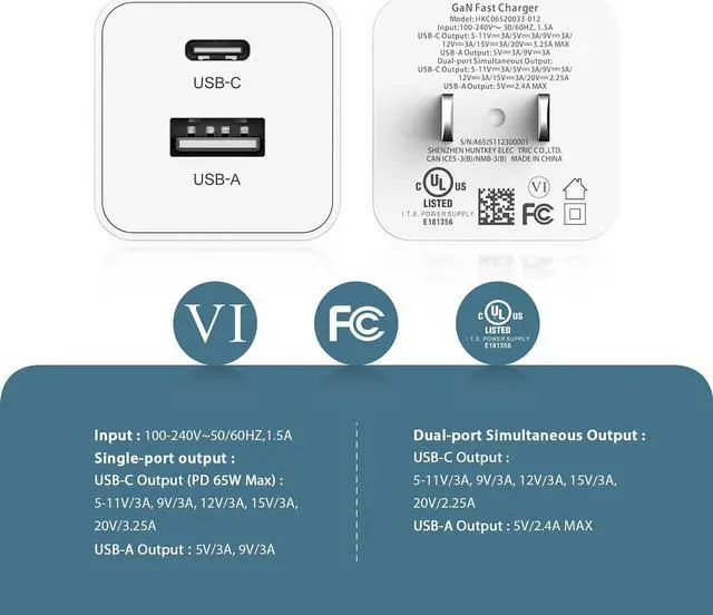 Alt view image 7 of 7 - 65W USB C Charger, Huntkey GaN 2-Port Type C Wall Charger Fast Charging Block PD 3.0 PPS Compatible for MacBook Pro/Air, Laptop,iPad, iPhone 14/13/12, iPad, Galaxy S23/S22,Pixel and More