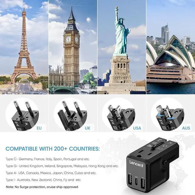 Alt view image 2 of 7 - LENCENT International Travel Power Adapter,Mini All-in-One Charger, 2.4A USB, 3.0A Type-C Wall Charger, European Plug Adaptor, Universal Outlet Converter, for US to UK, Japan, EU Europe, Type A/I/G/C