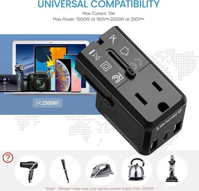 Alt view image 5 of 7 - LENCENT International Travel Power Adapter,Mini All-in-One Charger, 2.4A USB, 3.0A Type-C Wall Charger, European Plug Adaptor, Universal Outlet Converter, for US to UK, Japan, EU Europe, Type A/I/G/C