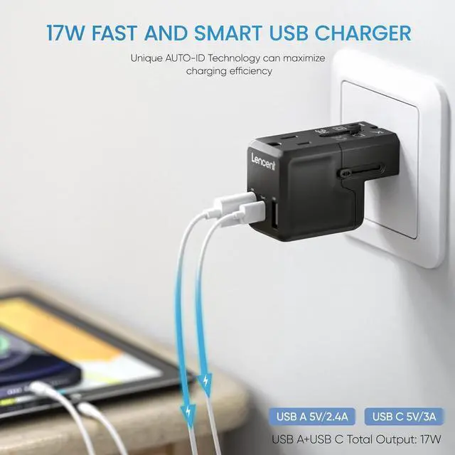 Alt view image 6 of 7 - LENCENT International Travel Power Adapter,Mini All-in-One Charger, 2.4A USB, 3.0A Type-C Wall Charger, European Plug Adaptor, Universal Outlet Converter, for US to UK, Japan, EU Europe, Type A/I/G/C