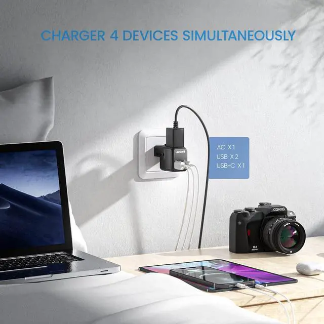 Alt view image 7 of 7 - LENCENT International Travel Power Adapter,Mini All-in-One Charger, 2.4A USB, 3.0A Type-C Wall Charger, European Plug Adaptor, Universal Outlet Converter, for US to UK, Japan, EU Europe, Type A/I/G/C