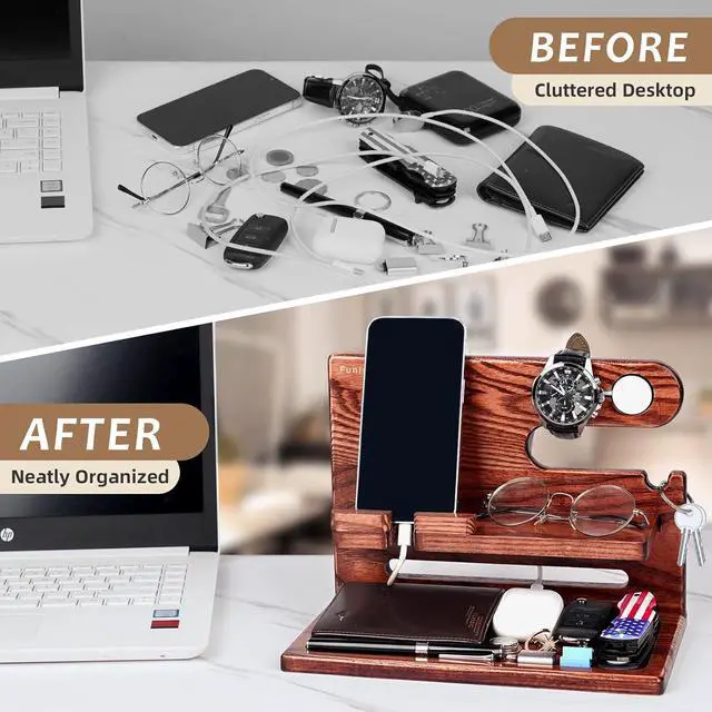 Alt view image 4 of 7 - Funistree Gifts for Men Dad Christmas from Daughter Son, Ash Wood Phone Docking Station, Anniversary Birthday Gifts for Him Husband Boyfriend from Wife, Nightstand Organizer Graduation Gifts Ideas