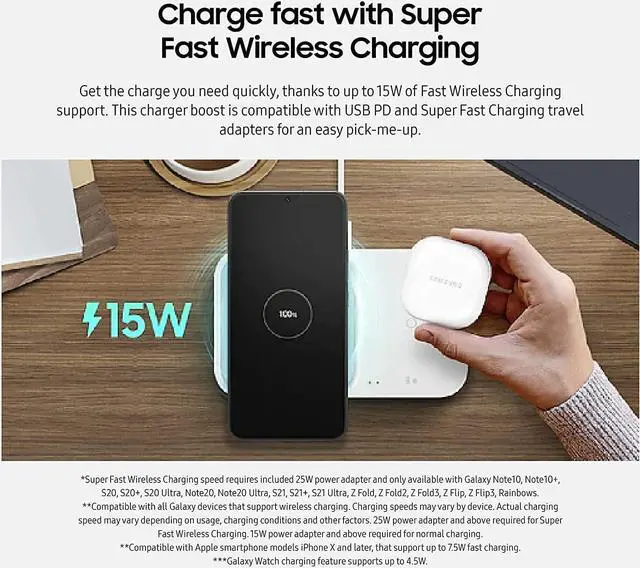 Alt view image 2 of 6 - SAMSUNG 15W Wireless Charger Duo w/USB C Cable, Fast Charge 2 Devices at Once, Cordless Charging Pad for Galaxy Phones and Devices, 2022, includes Microfiber Cleaning Cloth - Black