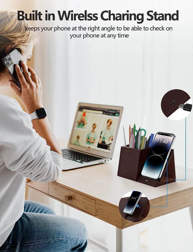 Alt view image 2 of 6 - Pen Holder with Wireless Charger, Compatible with iPhone 17/16/15/14/13/12/11/8 Series, Pencil Holder Phone Stand for Desk Home Office, Men Gift Husband Wife Anniversary Dad Birthday Idea Gadget