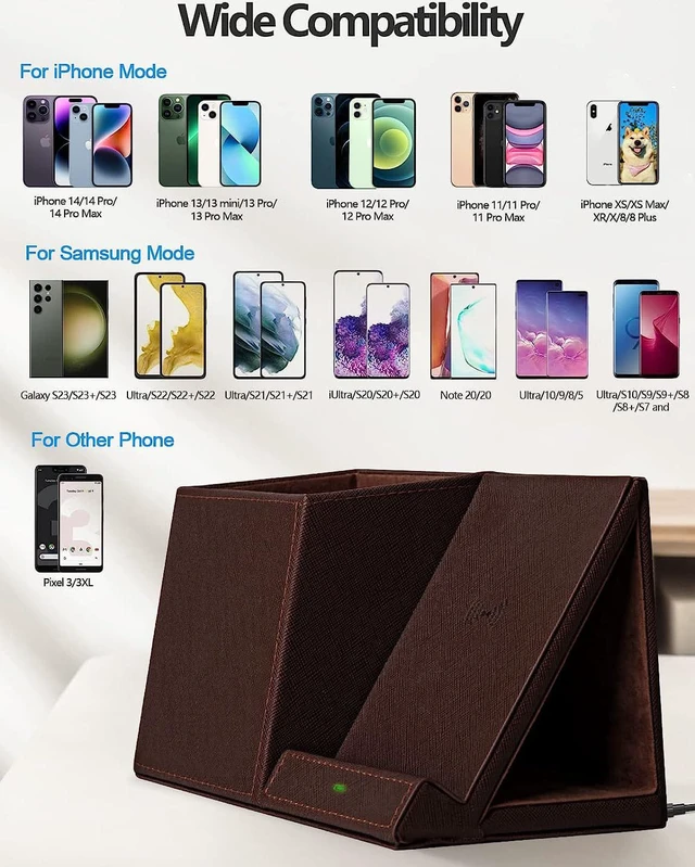 Alt view image 3 of 6 - Pen Holder with Wireless Charger, Compatible with iPhone 17/16/15/14/13/12/11/8 Series, Pencil Holder Phone Stand for Desk Home Office, Men Gift Husband Wife Anniversary Dad Birthday Idea Gadget