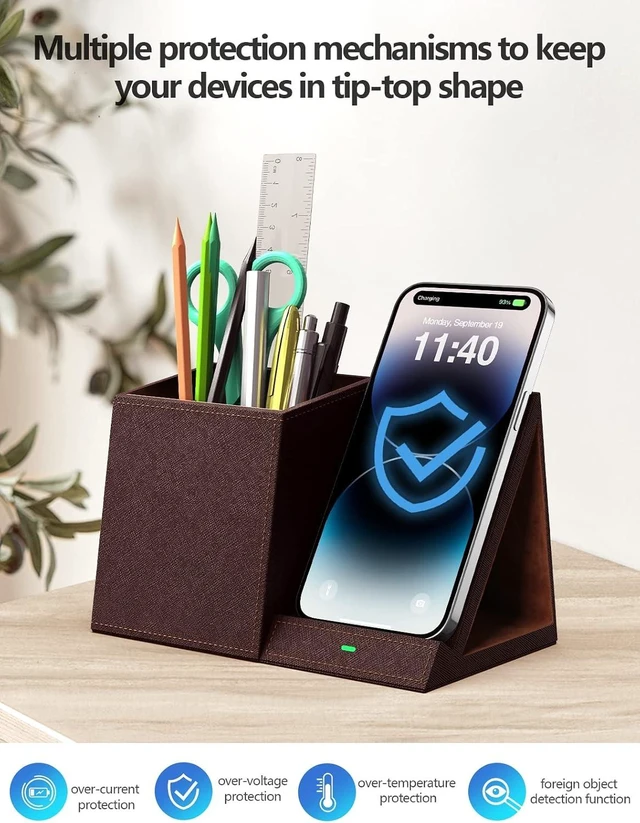 Alt view image 6 of 6 - Pen Holder with Wireless Charger, Compatible with iPhone 17/16/15/14/13/12/11/8 Series, Pencil Holder Phone Stand for Desk Home Office, Men Gift Husband Wife Anniversary Dad Birthday Idea Gadget