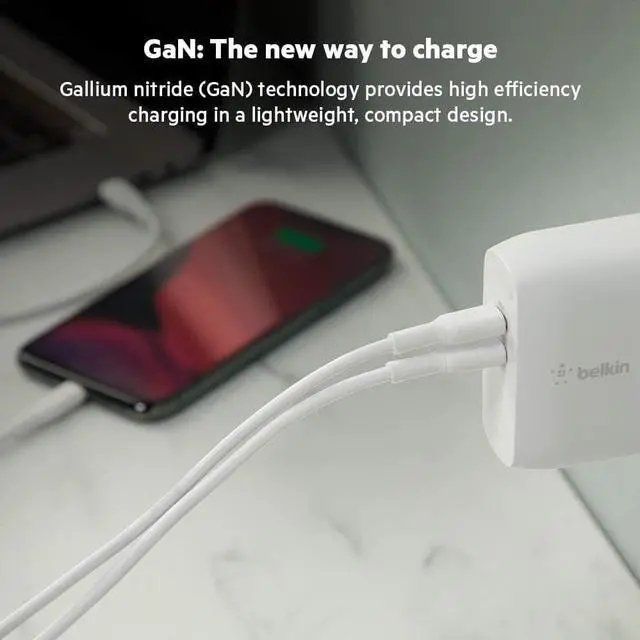 Alt view image 3 of 7 - Belkin BoostCharge USB C 68W GaN Wall Charger w/Dual Ports - iPhone Charger Fast Charging - Type C Charger - USB C Charger w/PD for Apple iPhone, Samsung Galaxy, Airpods Pro, iPad Pro, MacBook Pro