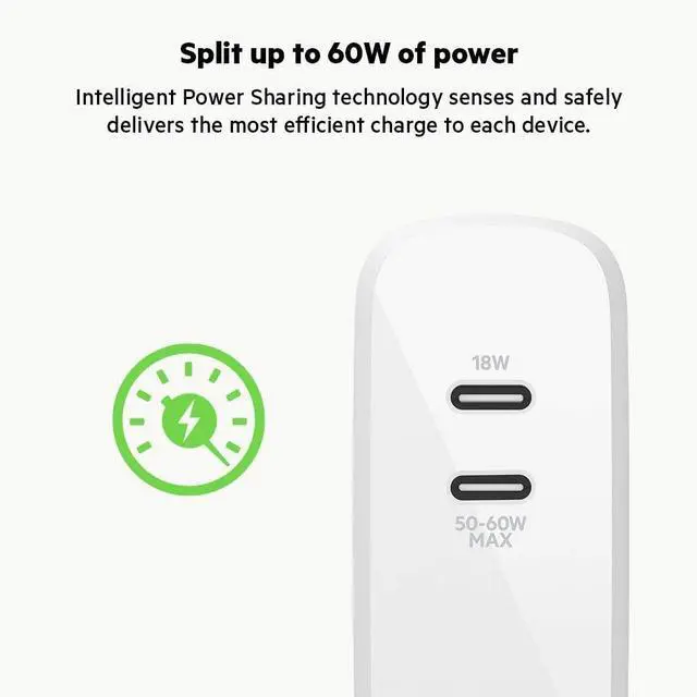 Alt view image 5 of 7 - Belkin BoostCharge USB C 68W GaN Wall Charger w/Dual Ports - iPhone Charger Fast Charging - Type C Charger - USB C Charger w/PD for Apple iPhone, Samsung Galaxy, Airpods Pro, iPad Pro, MacBook Pro