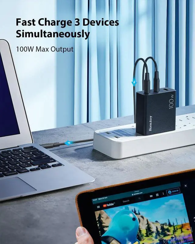 Alt view image 3 of 7 - Huntkey 100W USB C Charger with 2-Pack USB C Cable, 3-Port GaN PD Fast Power Adapter USB C Wall Charger Block for MacBook Pro/Air, Dell XPS, iPad, iPhone 14/14 Pro /13/13 Pro, Galaxy S23/S22/S21
