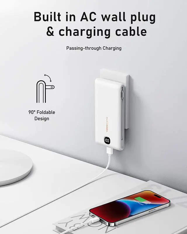 Alt view image 2 of 7 - Portable Charger with Built in Cables 10000mAh Power Bank for iPhone with Wall Plug Travel Essential Fast Charging USB C Slim External Battery Pack for iPhone16/15/14  iPad etc