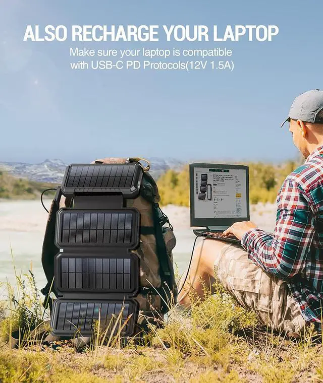 Alt view image 3 of 6 - BLAVOR Solar Charger Power Bank, PD 18W Fast Charging 20000mAh Battery Pack with 4 Foldable Panels, Portable Solar Powered USB C Charger with Camping Flashlight Compass Carabiner for Cell Phone