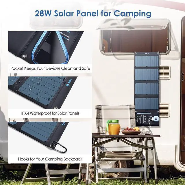 Alt view image 4 of 7 - Solar Panels Charger with Digital Ammeter, BigBlue 28W SunPower Camping Solar Panel, Dual USB(5V/4A Overall), IPX4 Waterproof, Compatible with iPhone 13/11/Xs/X/8/7, iPad, Samsung Galaxy, Google Pixel