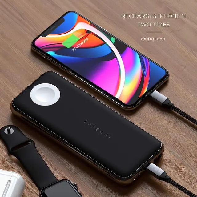 Alt view image 4 of 5 - Satechi Quatro Wireless Power Bank 10,000 mAh Portable Charger. Compatible with iPhone 16 Pro Max/16 Pro/16/16 Plus, Apple Watch Ultra/Ultra 2 & Series 10/9/8/7/6/SE/5/4/3/2/1, AirPods Pro 2/1