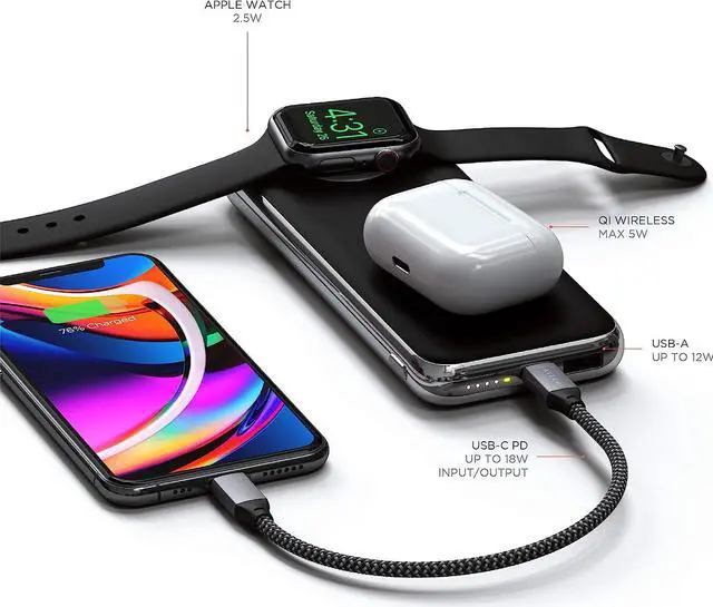 Alt view image 5 of 5 - Satechi Quatro Wireless Power Bank 10,000 mAh Portable Charger. Compatible with iPhone 16 Pro Max/16 Pro/16/16 Plus, Apple Watch Ultra/Ultra 2 & Series 10/9/8/7/6/SE/5/4/3/2/1, AirPods Pro 2/1