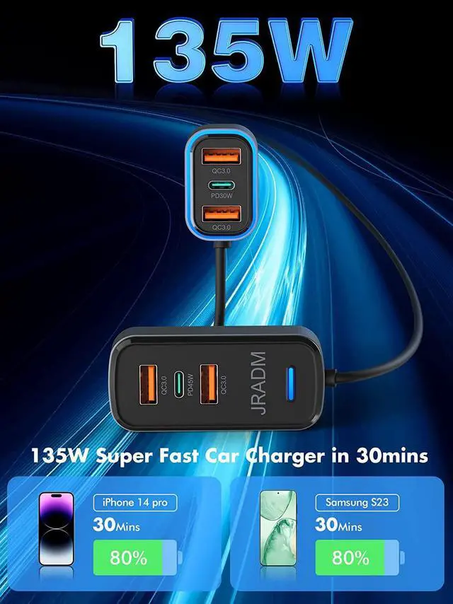 Alt view image 2 of 7 - Car USB Charger Multi Port, 135W Fast USB C Car Charge PD 45W 30W & QC3.0 30W Multiple Car Charger, Multiple Devices Car Travel Charger with 5FT Cable for iPhone 16 15 Pro Max 14/iPad/Samsung S24/23