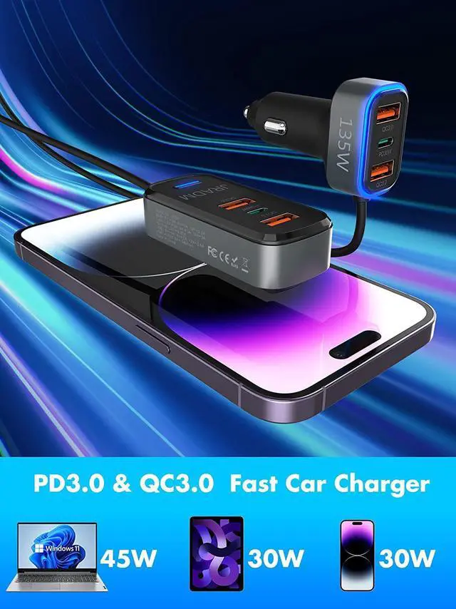 Alt view image 5 of 7 - Car USB Charger Multi Port, 135W Fast USB C Car Charge PD 45W 30W & QC3.0 30W Multiple Car Charger, Multiple Devices Car Travel Charger with 5FT Cable for iPhone 16 15 Pro Max 14/iPad/Samsung S24/23