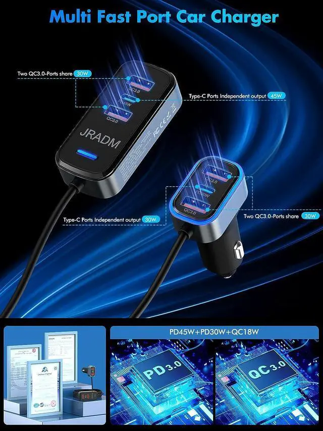 Alt view image 4 of 7 - Car USB Charger Multi Port, 135W Fast USB C Car Charge PD 45W 30W & QC3.0 30W Multiple Car Charger, Multiple Devices Car Travel Charger with 5FT Cable for iPhone 16 15 Pro Max 14/iPad/Samsung S24/23
