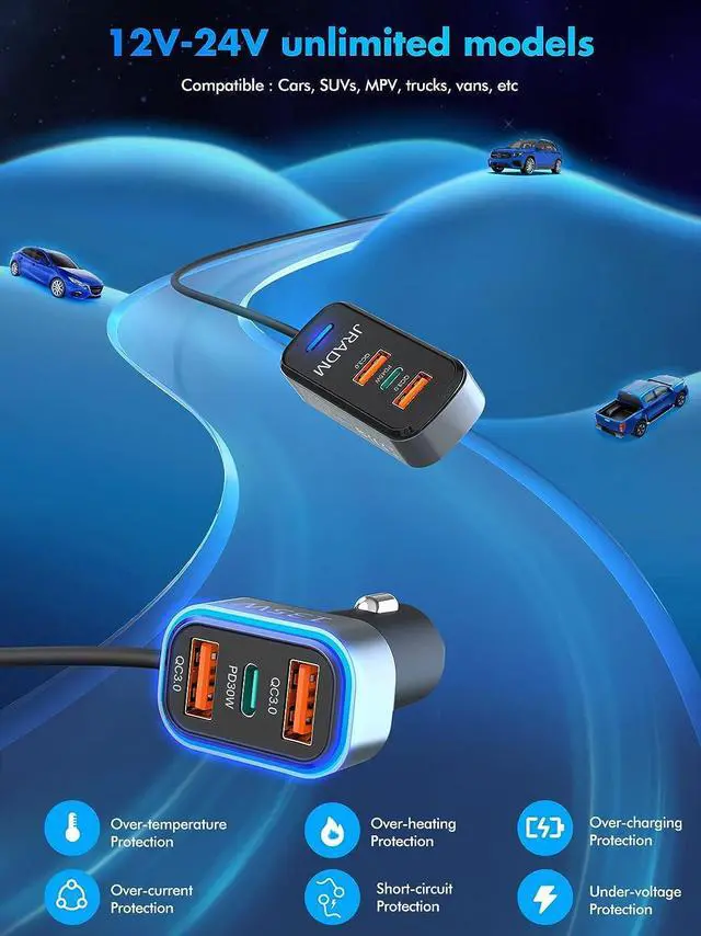 Alt view image 3 of 7 - Car USB Charger Multi Port, 135W Fast USB C Car Charge PD 45W 30W & QC3.0 30W Multiple Car Charger, Multiple Devices Car Travel Charger with 5FT Cable for iPhone 16 15 Pro Max 14/iPad/Samsung S24/23