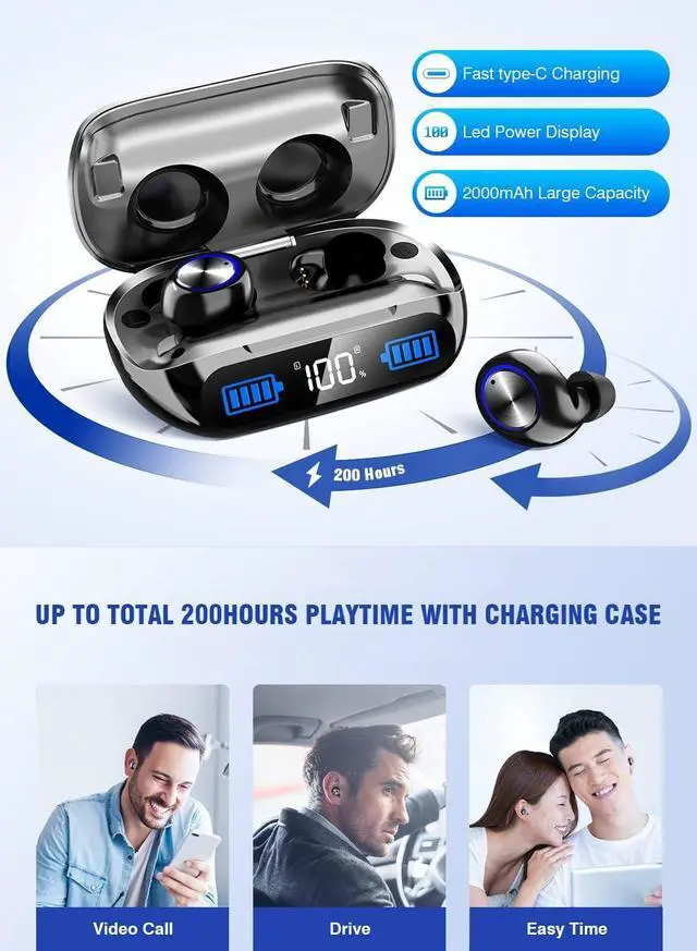 Alt view image 6 of 7 - Bluetooth Earbuds Wireless 200Hrs Playback IPX7 Waterproof Noise Canceling LED Power Display Earphones with Charging Case in-Ear Headphones with Mic for Phone Smart TV Laptop Computer Android iOS