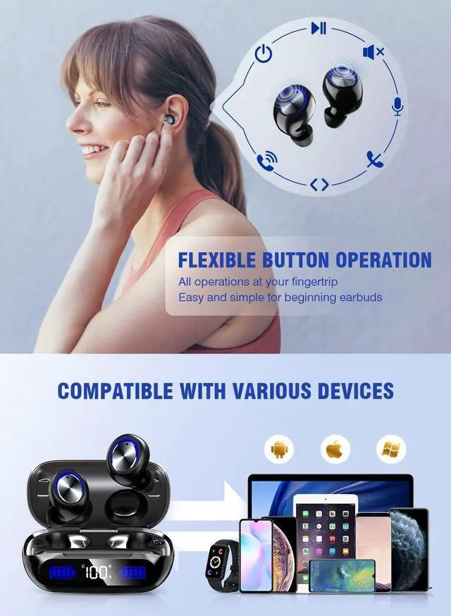 Alt view image 7 of 7 - Bluetooth Earbuds Wireless 200Hrs Playback IPX7 Waterproof Noise Canceling LED Power Display Earphones with Charging Case in-Ear Headphones with Mic for Phone Smart TV Laptop Computer Android iOS
