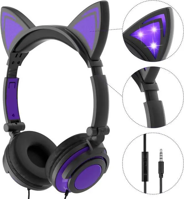 Alt view image 2 of 6 - Olyre Kids Headphones with Light up cat Ears On Ear LED Kitty Headphones with Mic for Kids Boys Girls Children Wired Headset for School Learning Tablet (Purple)