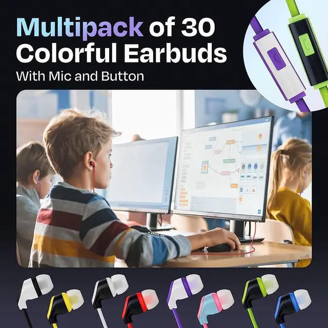 Alt view image 3 of 7 - 30× Multipack Wired Earbuds with Microphone | for Schools, Libraries, Museums, etc. | 8 Assorted Colors of Headphones with Microphone | Affordable 3.5 mm Headphones for Kids & Adults