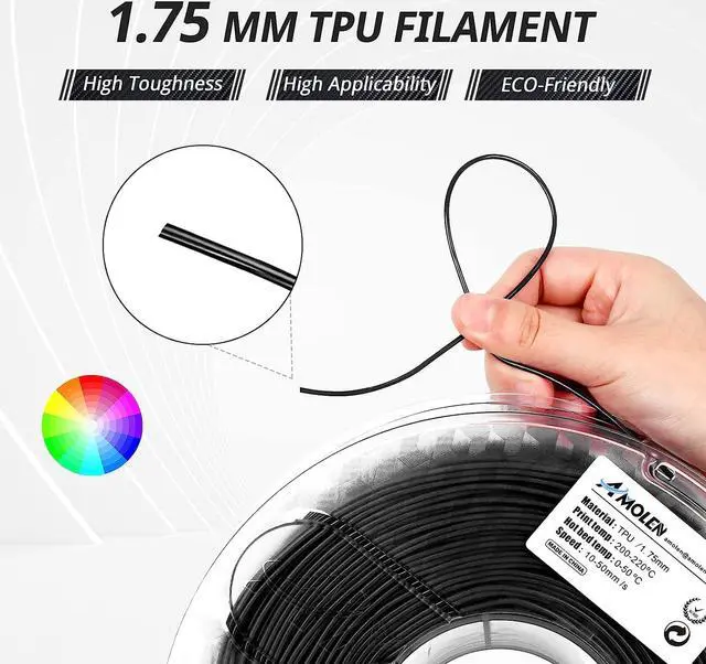 Alt view image 2 of 7 - AMOLEN TPU 3D Printer Filament 1.75mm, Flexible Soft TPU 3D Printing Filament Supports High Speed, 1kg Spool(2.2lbs), Black