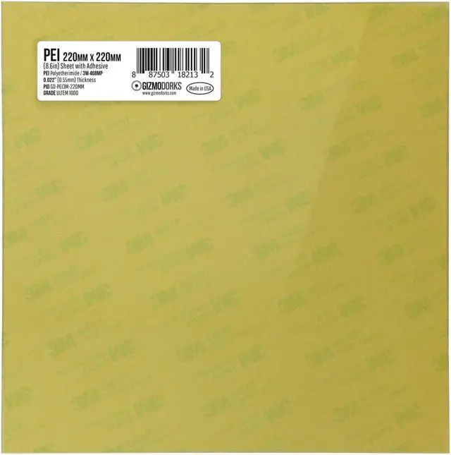 Main image of Gizmo Dorks PEI Sheet 3D Printer Build Surface 220mm x 220mm (8.6" x 8.6") with Laminated 3M 468MP Adhesive, Made in The USA