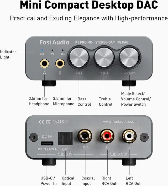 Alt view image 2 of 7 - Fosi Audio K5 Pro Gaming DAC Headphone Amplifier Mini Hi-Fi Stereo Digital-to-Analog Audio Converter USB Type C/Optical/Coaxial to RCA/3.5MM AUX for PS5/PC/MAC/Computer