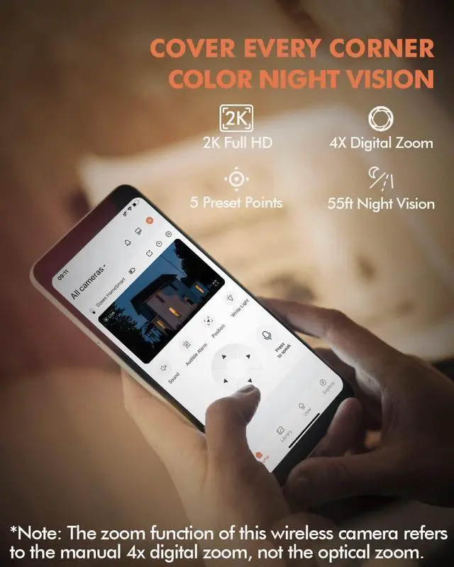Alt view image 4 of 7 - Dzees Solar Security Cameras Wireless Outdoor, 2K Battery Powered Security Camera, 360° PTZ Camera with Spotlight, Siren, Color Night Vision, AI Dectection, IP66 for Home Security, 2.4GHz