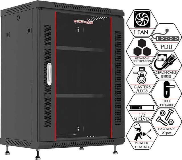 Alt view image 2 of 7 - Server Rack - Wall Mount Networking Cabinet - Locking IT Cabinet - 19 Inch Enclosure Av Audio Video Rack Lockable Cabinet Network Rack with POWERBAR - Shelf - Fan (15U (24" w x18 d x30 h))