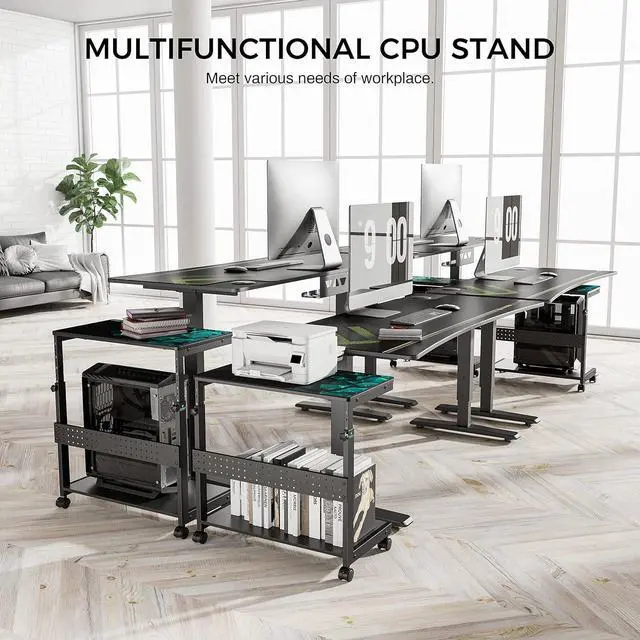 Alt view image 3 of 7 - Height Adjustable Computer Tower Stand, 2-Tier ATX-Case CPU Holder Cart Under Desk Mobile PC Standing Table Home Office Gaming Accessories w/Rolling Wheels & Mouse Pad, Black