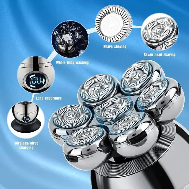 Alt view image 3 of 7 - Head Shavers for Bald Men, Wjiang 6 in 1 Electric Razor Mens Shaver Wet Dry Cordless Electric Skull Shavers 7D Floating Rechargeable Bald Head Shaver Back Shaver Head Shaver for Men & Women