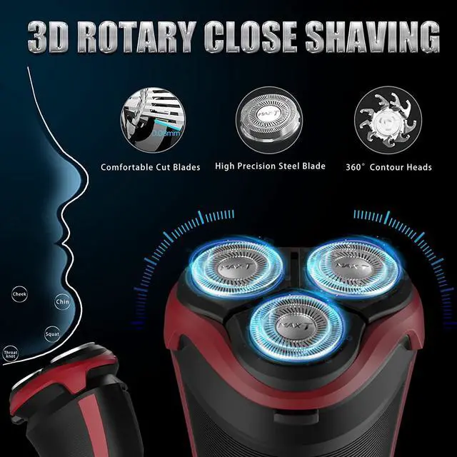 Alt view image 2 of 7 - MAX-T Men's Electric Shaver - Corded and Cordless Rechargeable 3D Rotary Shaver Razor for Men with Pop-up Sideburn Trimmer Wet and Dry Painless 100-240V Red