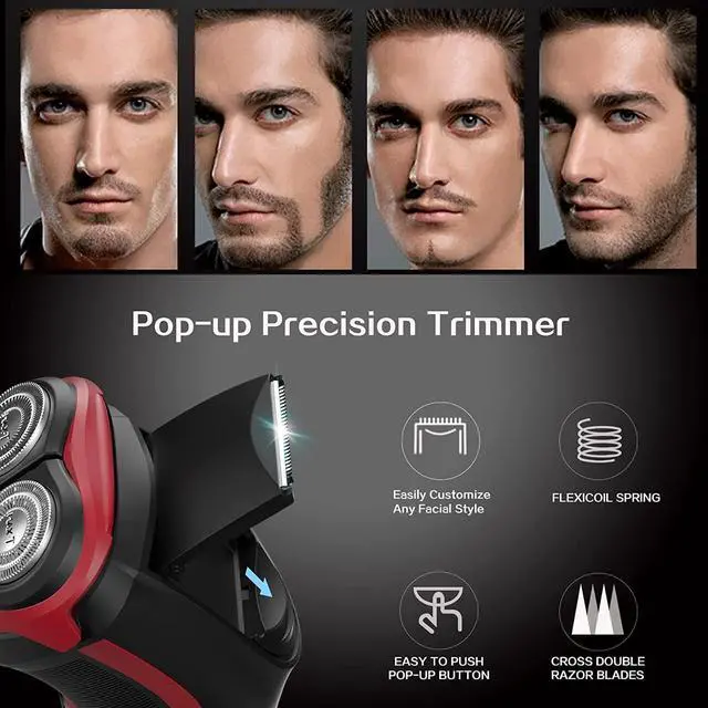 Alt view image 4 of 7 - MAX-T Men's Electric Shaver - Corded and Cordless Rechargeable 3D Rotary Shaver Razor for Men with Pop-up Sideburn Trimmer Wet and Dry Painless 100-240V Red