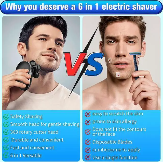 Alt view image 5 of 7 - Electric Head Shaver for Bald Men, 6 in 1 Mens Electric Head Razor Bald Head Shaver Cordless Electric Razor Men, IPX7 Wet/Dry Waterproof Skull Shaver with Head Shaver Kit LED Display Blue